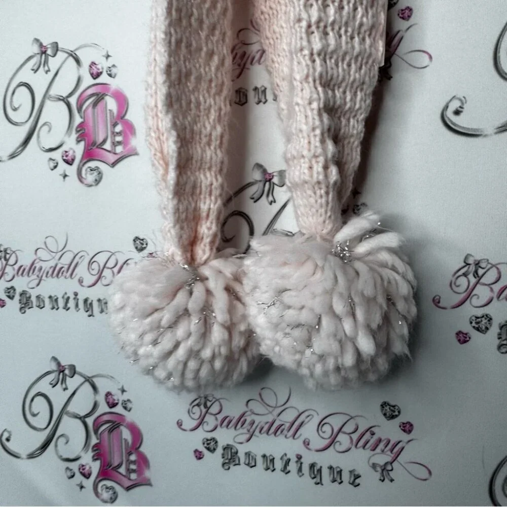 Scarf sparkly Cozy baby pink Knit Scarf with Pom Poms glitter pink crochet 🧶